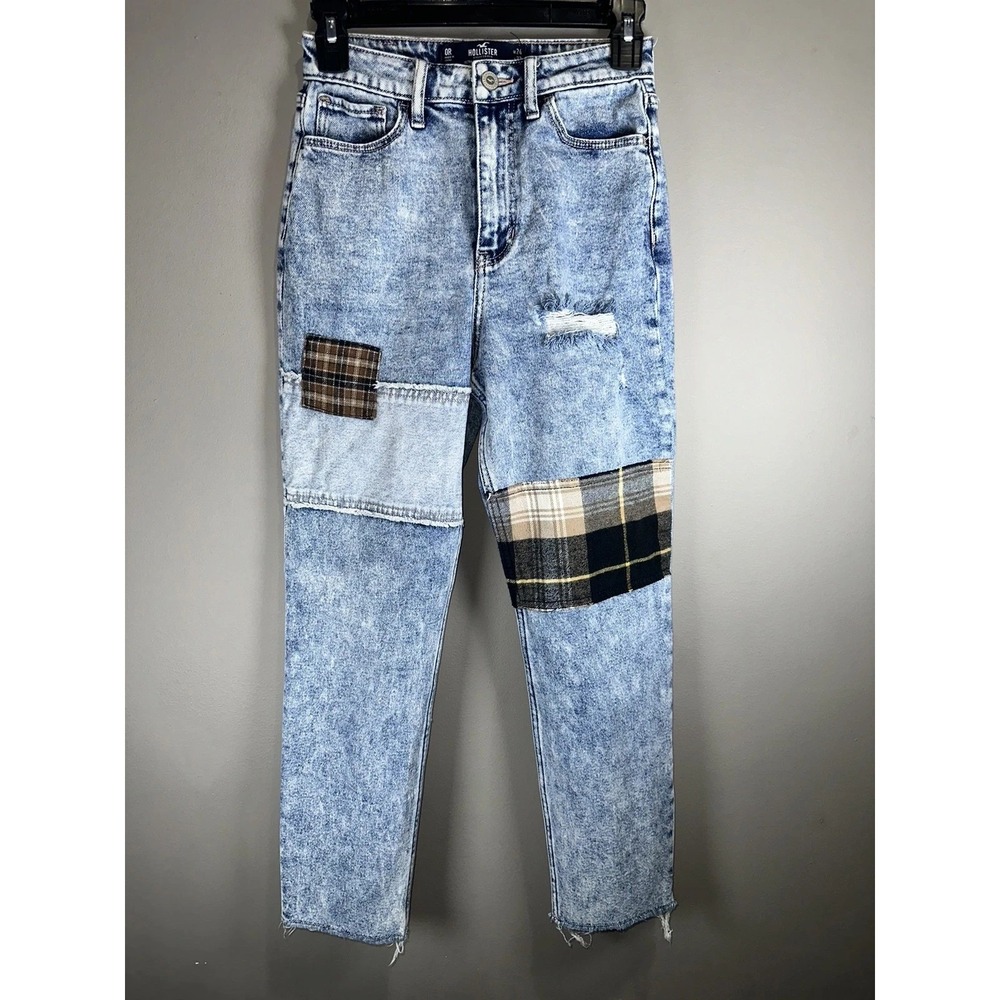 Hollister Ultra High Rise Mom Jeans 0R 24x27 Raw Hem Blue Patchwork